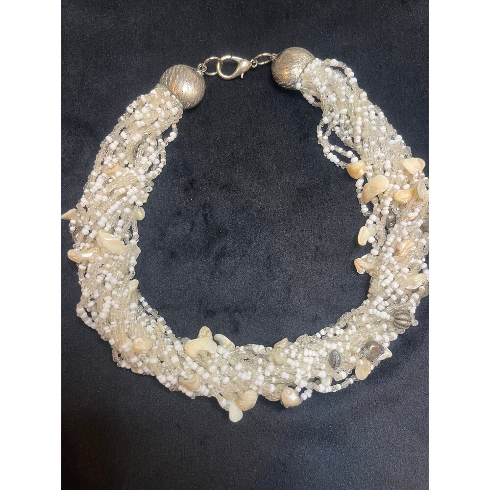 Vintage Bohemian Beaded Twisted Strand Sea Shell Pewter Beads, Silver-tone clasp
